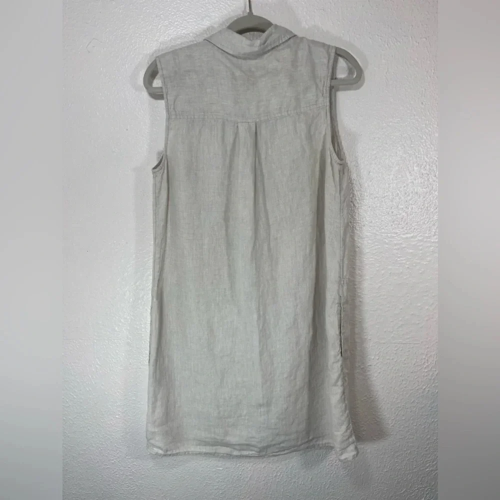 Tahari 100% Linen Beige Sleeveless Collared Button Down Shirt Dress Women Large